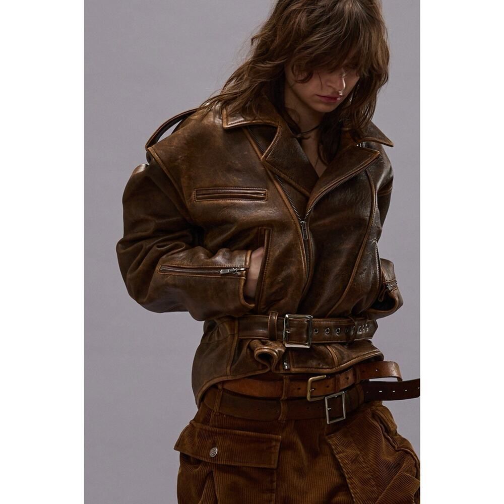 R13 Exaggerated Shoulder Brown Leather Moto Jacket Belted Distressed M